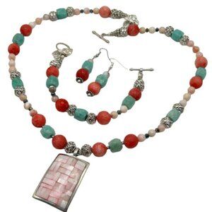 Handmade Jewelry Set ~ Queen Conch Shell, Rose agate, Amazonite & Pink Opal
